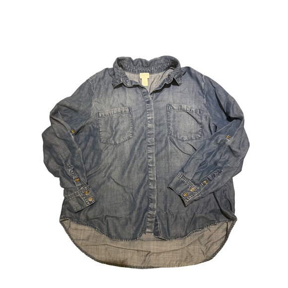 Chico's Tops - Chicos Women's Petite Size 2 Blue Denim Chambray Shirt Long Sleeve Roll Tab